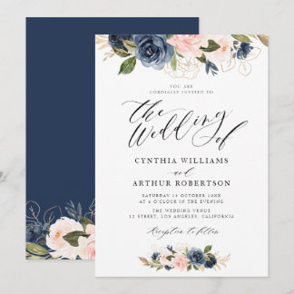 Invitation belle marine de script et mariage rose roux