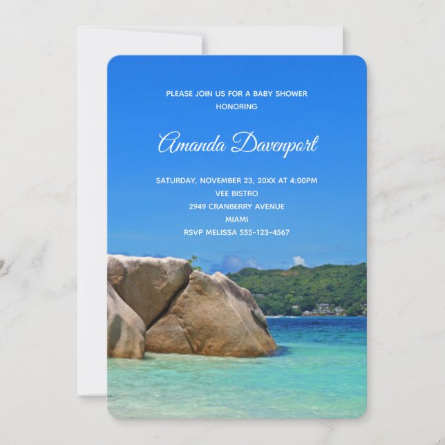 Invitation Belle mer tropicale avec douche de plage rocheuse (Devant)