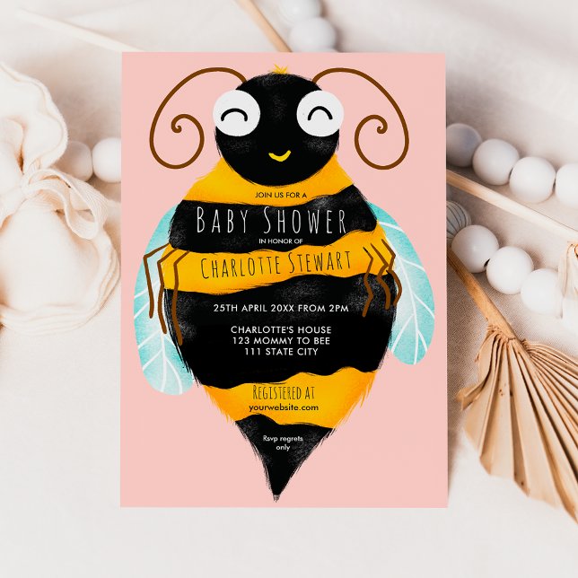 Invitation Belle orange rayures noir abeilles fille baby show (Cute orange black stripes bumble bee baby shower invitation)