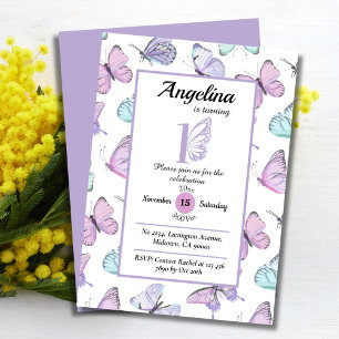 Invitation Belle papillon thème 1er anniversaire violet & bla