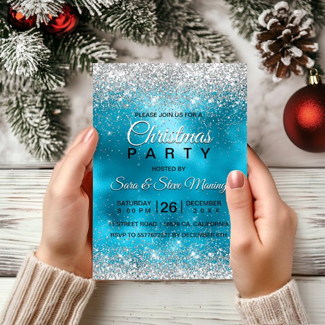 Invitation Belle parties scintillant d'argent turquoise Noël (Créateur téléchargé)