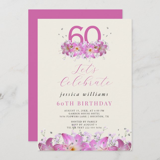 Invitation Belle Parties scintillant Florale Anniversaire (Devant / Derrière)