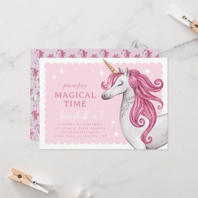 Invitation Belle Parties scintillant rose Unicorn Anniversair (Devant/Arrière en situation)