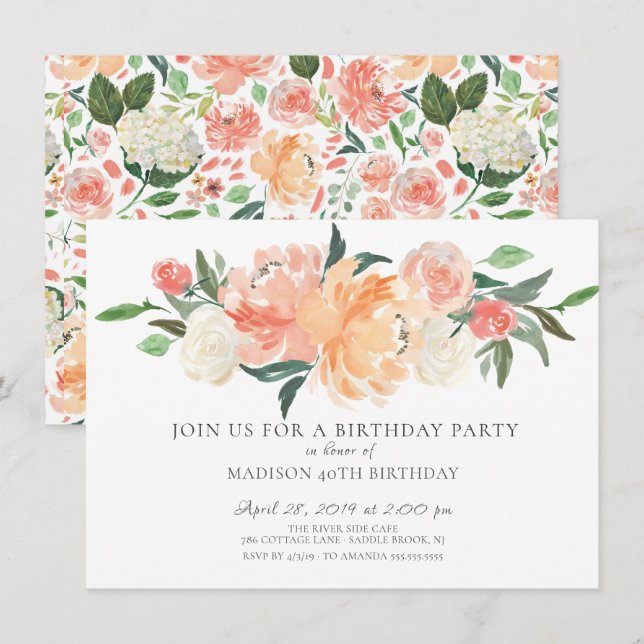Invitation Belle Pêche Aquarelle Florale fête d'anniversaire (Devant / Derrière)