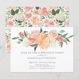 Invitation Belle Pêche Aquarelle Florale fête d'anniversaire