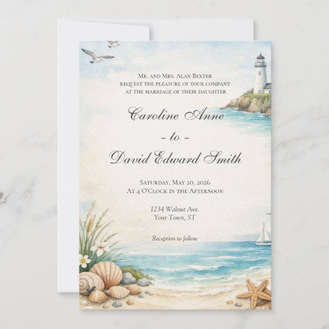 Invitation Belle peinture aquarelle de bord de mer côtier (Devant)