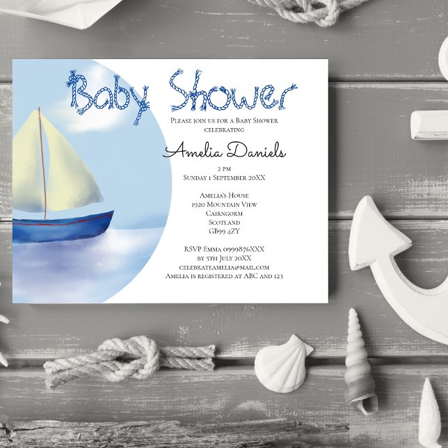 Invitation Belle Petite Fête de Naissance Bateau à Voile Bleu (Drop anchor for a super cute baby shower with a nautical theme.)