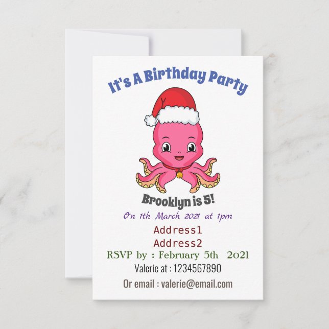 Invitation Belle pieuvre joyeuse en casquette de Noël (Devant)