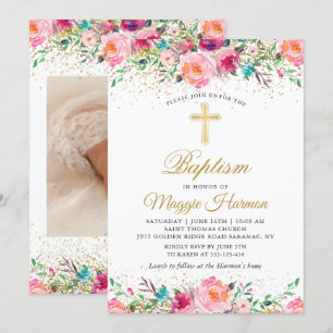 Invitation Belle Pink Or Floral Girl Baptism Photo