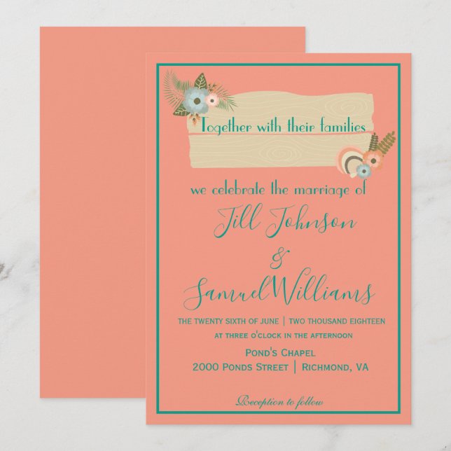 Invitation Belle plage rose et verte Mariage de plage (Devant / Derrière)