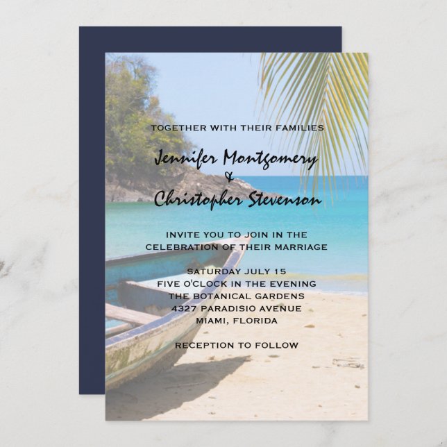 Invitation Belle plage tropicale avec un Mariage en bateau (Devant / Derrière)