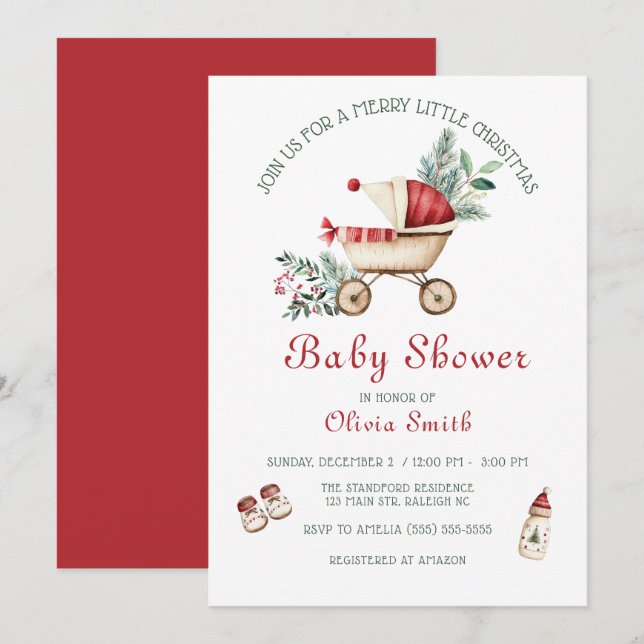 Invitation Belle poussette Joyeux Petit Baby shower de Noël (Devant / Derrière)