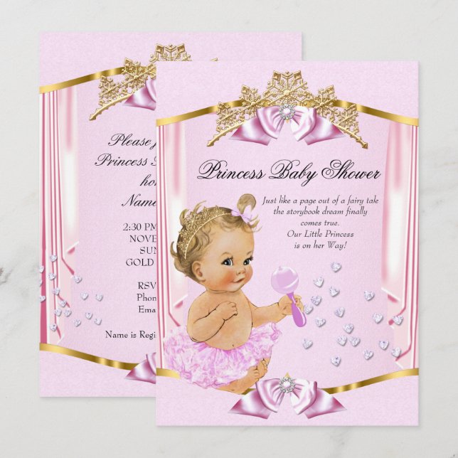 Invitation Belle Princesse Baby Shower Rose Or Blond (Devant / Derrière)