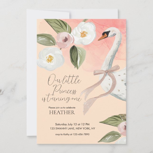 Invitation Belle Princesse Cygne Enchantée Premier Anniversai (Devant)