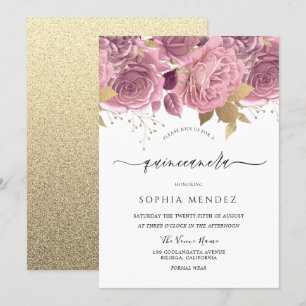 Invitation Belle Quinceanera d'or rose pâle rose