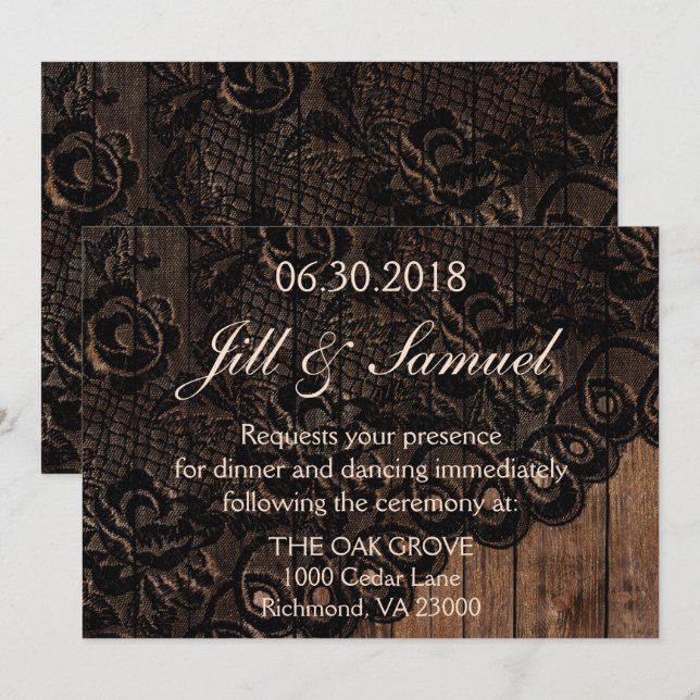 Invitation Belle réception de mariage Faux Wood et dentelle (Devant / Derrière)