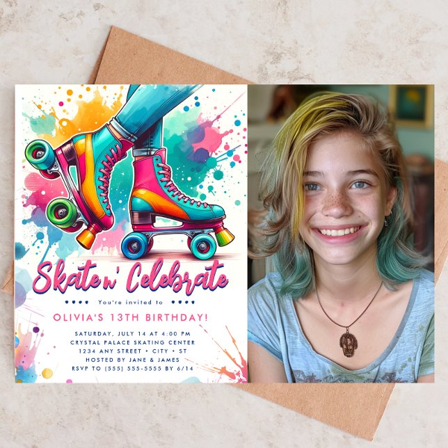 Invitation Belle Retro Roller Ski photo Anniversaire (Roller skate themed birthday invite with a photo of a smiling girl.)