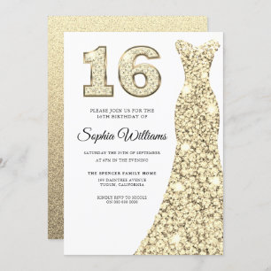 Invitation Belle Robe d'or 16e Anniversaire Douce 16