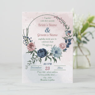 Invitation belle rose bleu vert fleuri mariage de couronne