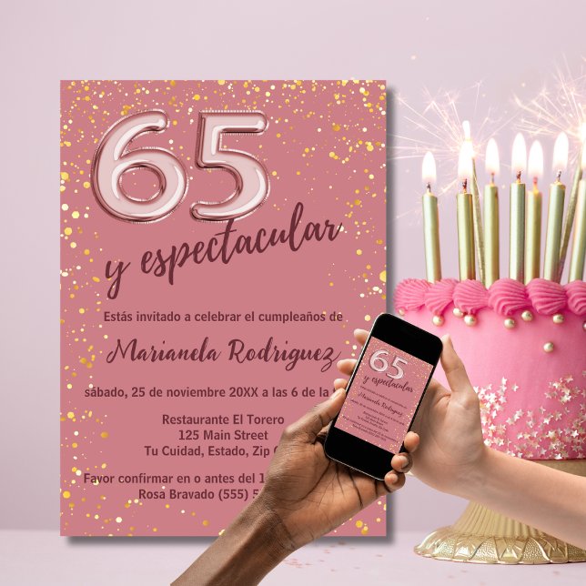 Invitation Belle Rose Doré Chic 65e Anniversaire Espagnol (Créateur téléchargé)