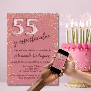 Invitation Belle Rose Élégante en Or Rose pour les 55 ans Esp