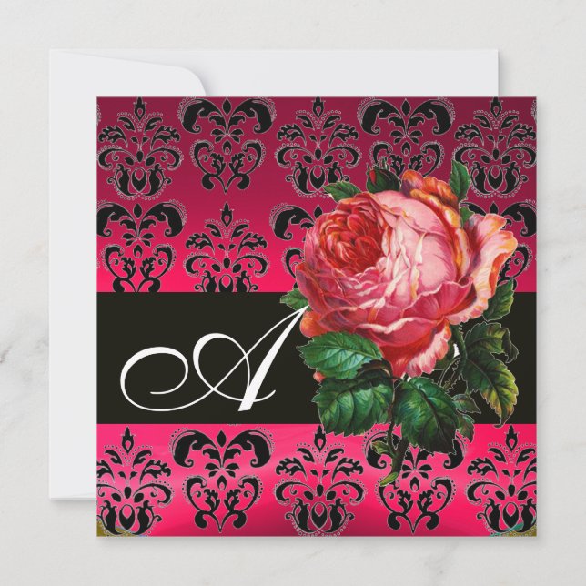 INVITATION BELLE ROSE FUCHSIA NOIR DAMAS MONOGRAMME (Devant)