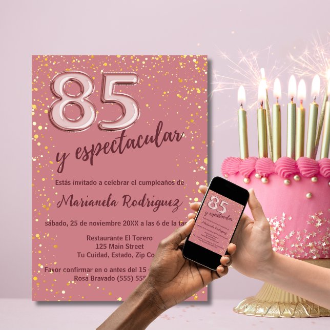 Invitation Belle Rose Or Rose 85e Anniversaire Espagnol (Créateur téléchargé)