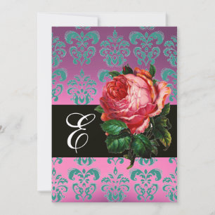 INVITATION BELLE ROSE PÂLE LILAS BLEU DAMAS MONOGRAMME