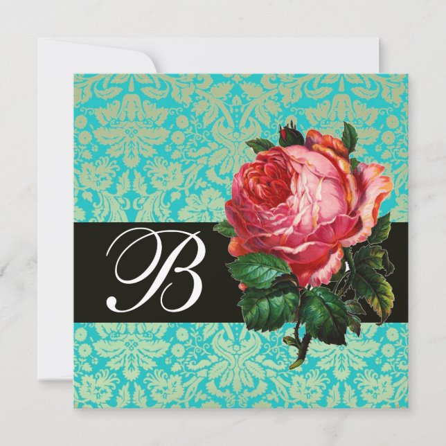 INVITATION BELLE ROSE PINK  DAMAS BLEU NOIR MONOGRAMME (Devant)