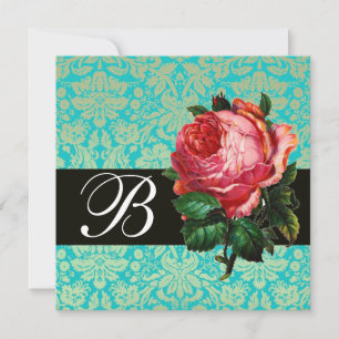 INVITATION BELLE ROSE PINK  DAMAS BLEU NOIR MONOGRAMME