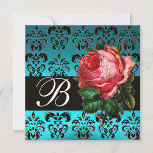 INVITATION BELLE ROSE PINK DAMAS BLEU NOIR MONOGRAMME