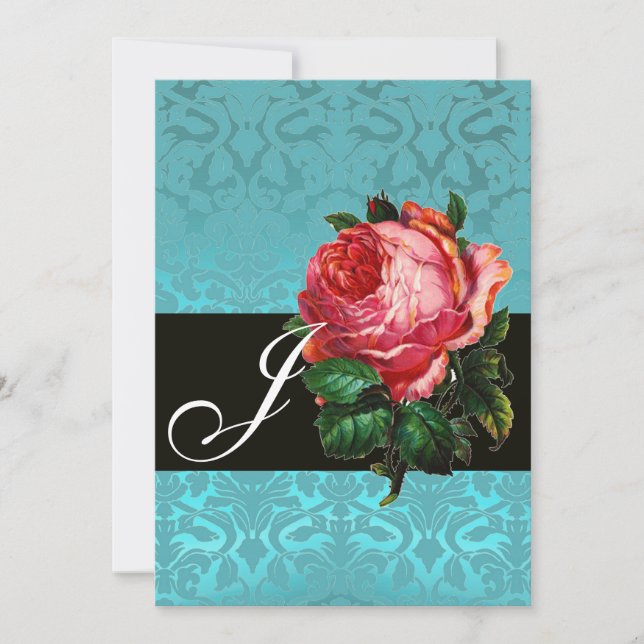INVITATION BELLE ROSE PINK  MONOGRAMME DAMASSÉ BLEU NOIR (Devant)