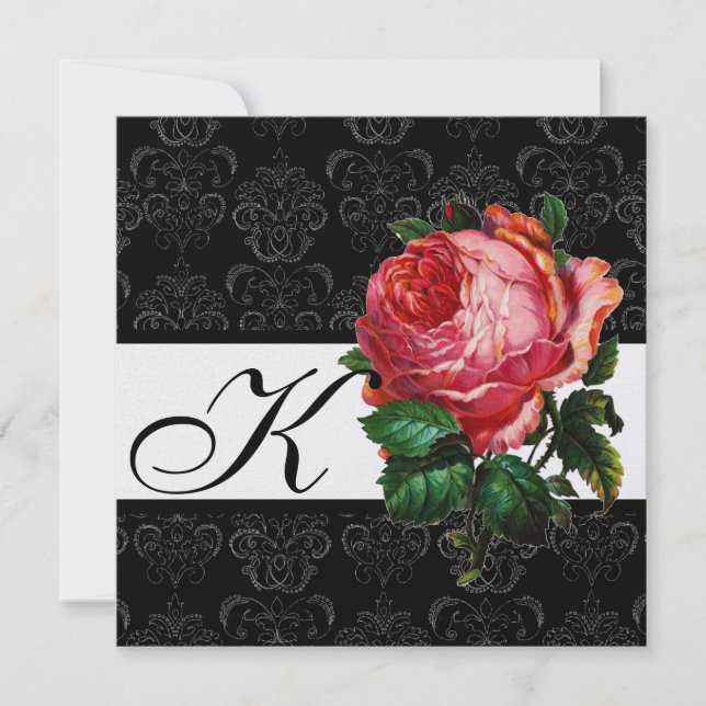 INVITATION BELLE ROSE PINK  NOIR BLANC  DAMAS MONOGRAMME (Devant)