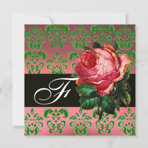 INVITATION BELLE ROSE PINK VERT NOIR DAMAS MONOGRAMME