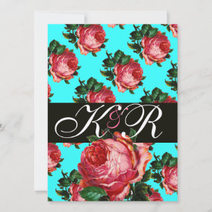 INVITATION BELLE ROSE ROSE AQUA BLEU SARCELLE FLORAL MONOGRAM