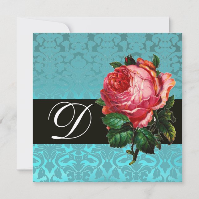INVITATION BELLE ROSE ROSE  DAMAS BLEU NOIR MONOGRAMME (Devant)