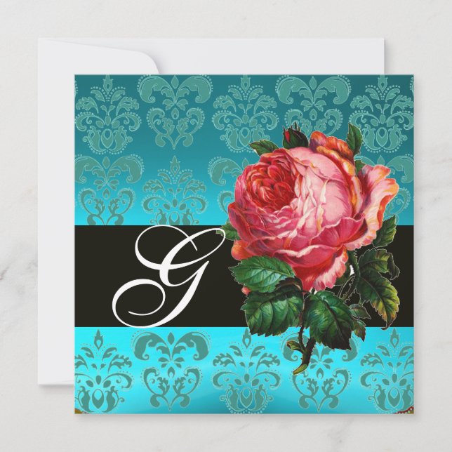 INVITATION BELLE ROSE ROSE  DAMAS BLEU NOIR MONOGRAMME (Devant)