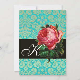 INVITATION BELLE ROSE ROSE  DAMAS BLEU NOIR MONOGRAMME