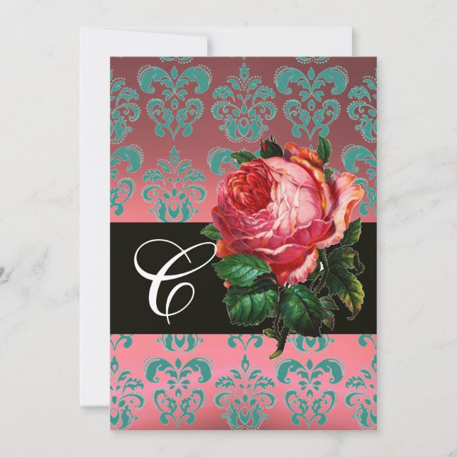 INVITATION BELLE ROSE ROSE  DAMAS BLEU NOIR MONOGRAMME (Devant)
