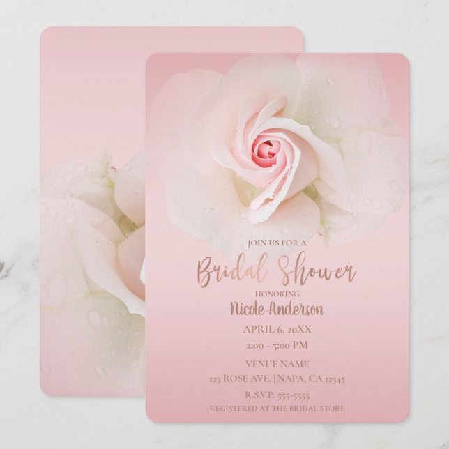 Invitation Belle Rose Rose Humide Douce Élégante pour Mariage (Devant / Derrière)