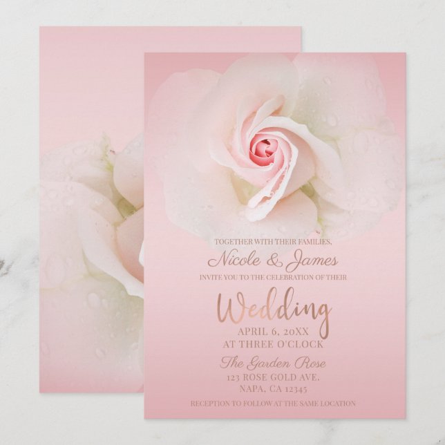 Invitation Belle Rose Rose Mouillée Douce Élégante Mariage (Devant / Derrière)