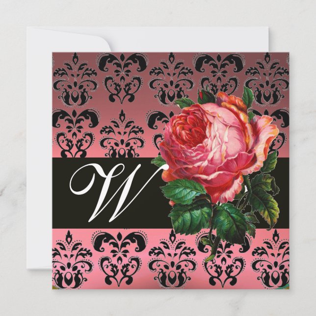 INVITATION BELLE ROSE ROSE  NOIR BLANC  DAMAS MONOGRAMME (Devant)