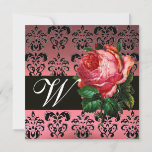INVITATION BELLE ROSE ROSE  NOIR BLANC  DAMAS MONOGRAMME