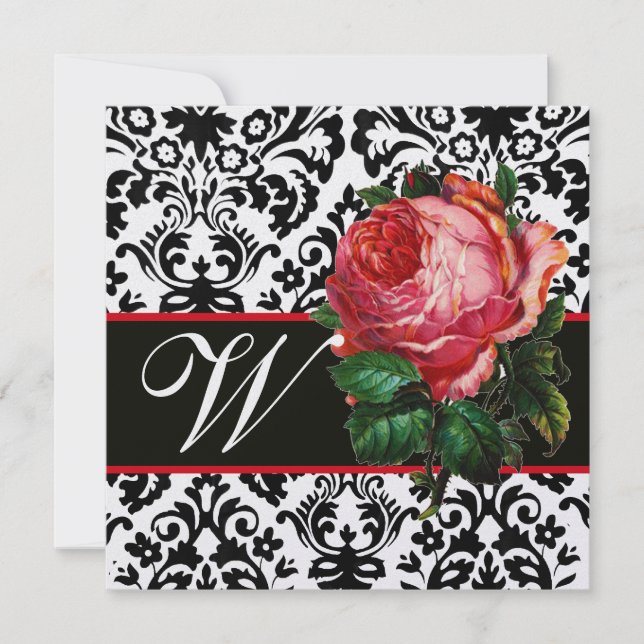 INVITATION BELLE ROSE ROSE  NOIR BLANC  DAMAS MONOGRAMME (Devant)