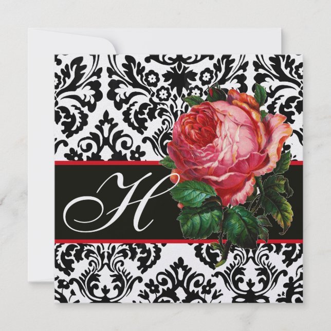 INVITATION BELLE ROSE ROSE PÂLE  NOIR BLANC  DAMAS MONOGRAMME (Devant)