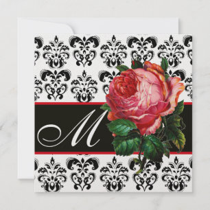 INVITATION BELLE ROSE ROSE PÂLE  NOIR BLANC  DAMAS MONOGRAMME
