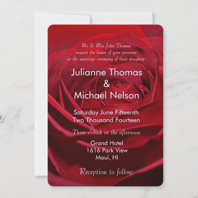 Invitation Belle Rose Rouge Mariage romantique (Devant)