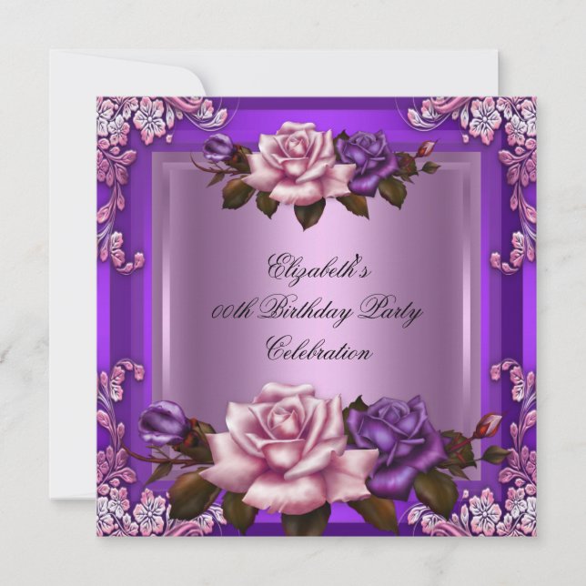 Invitation Belle rose violet Roses Élégante fête d'anniversai (Devant)
