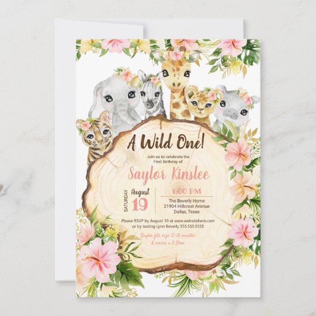 Invitation Belle Safari Animaux Wild One Girl Premier anniver (Devant)