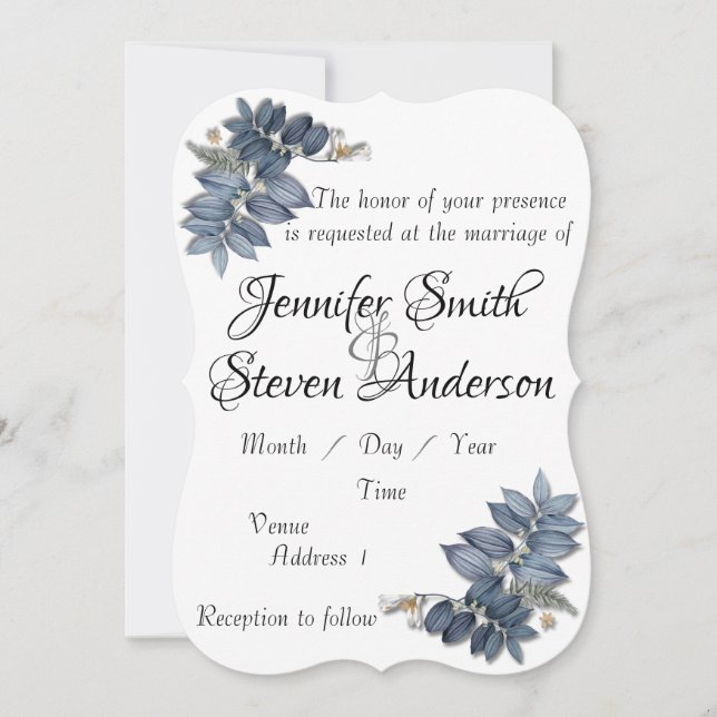 Invitation Belle simple bleu feuille mariage (Devant)